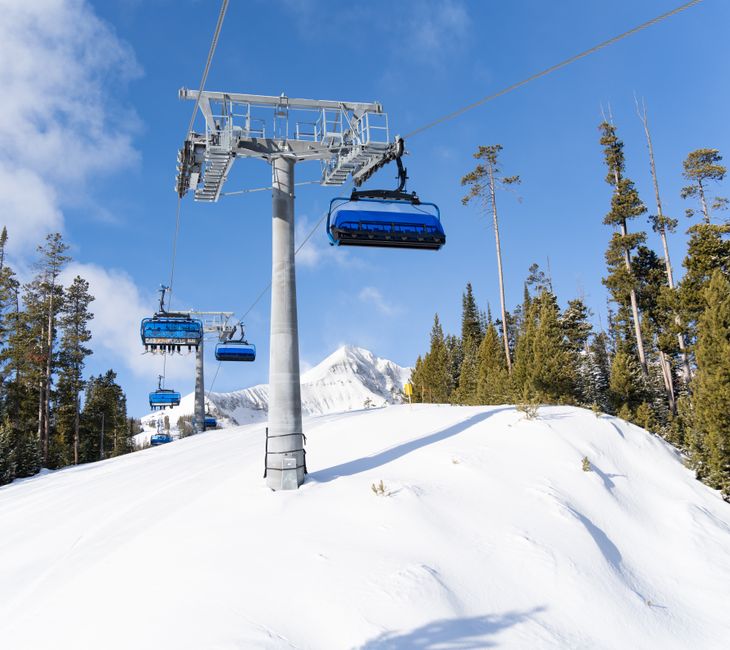 A sunny winter day at Big Sky Resort featuring ski lifts and snowy mountains against a blue sky.