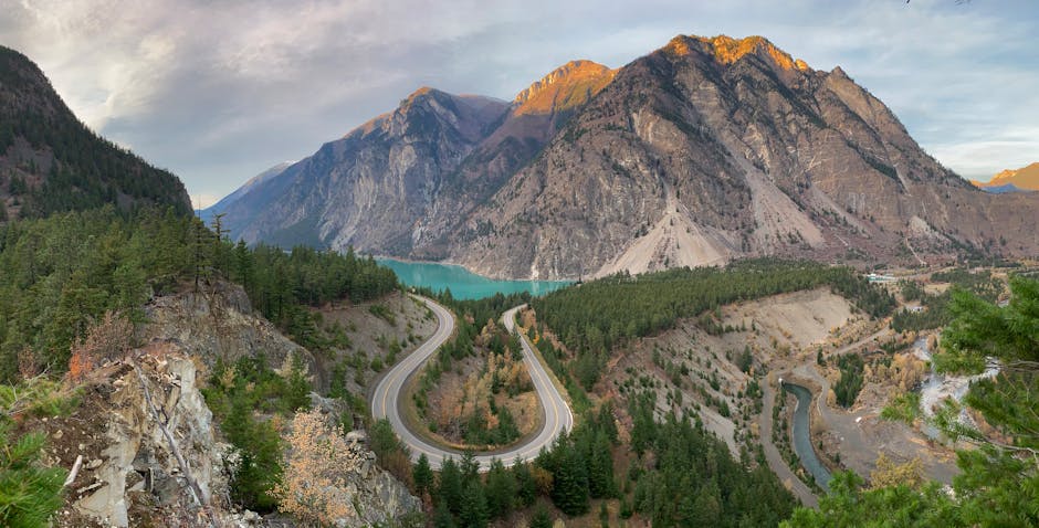 Beautiful mountain landscape with a winding road and Seton Lake in Lillooet, BC, Canada.