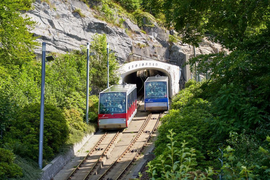 Flam Railway train emerging from a mountain tunnel